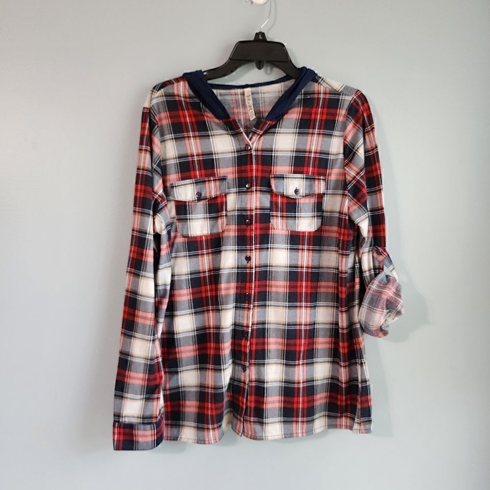 R n B Plaid Hooded Button Down Shirt